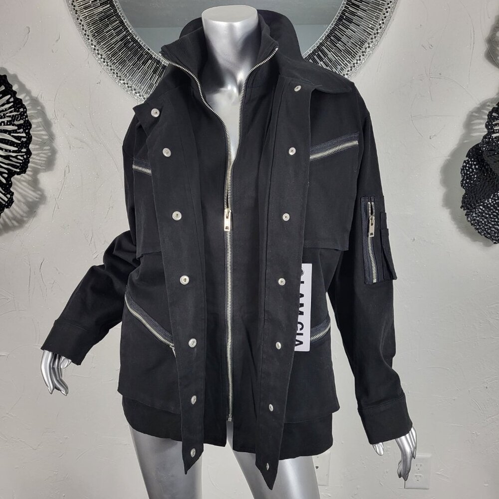 NWT~$295~I AM GIA~S/M~BLACK MILITARY UTILITY CARGO DENIM JEAN JACKET COAT - Picture 15 of 16